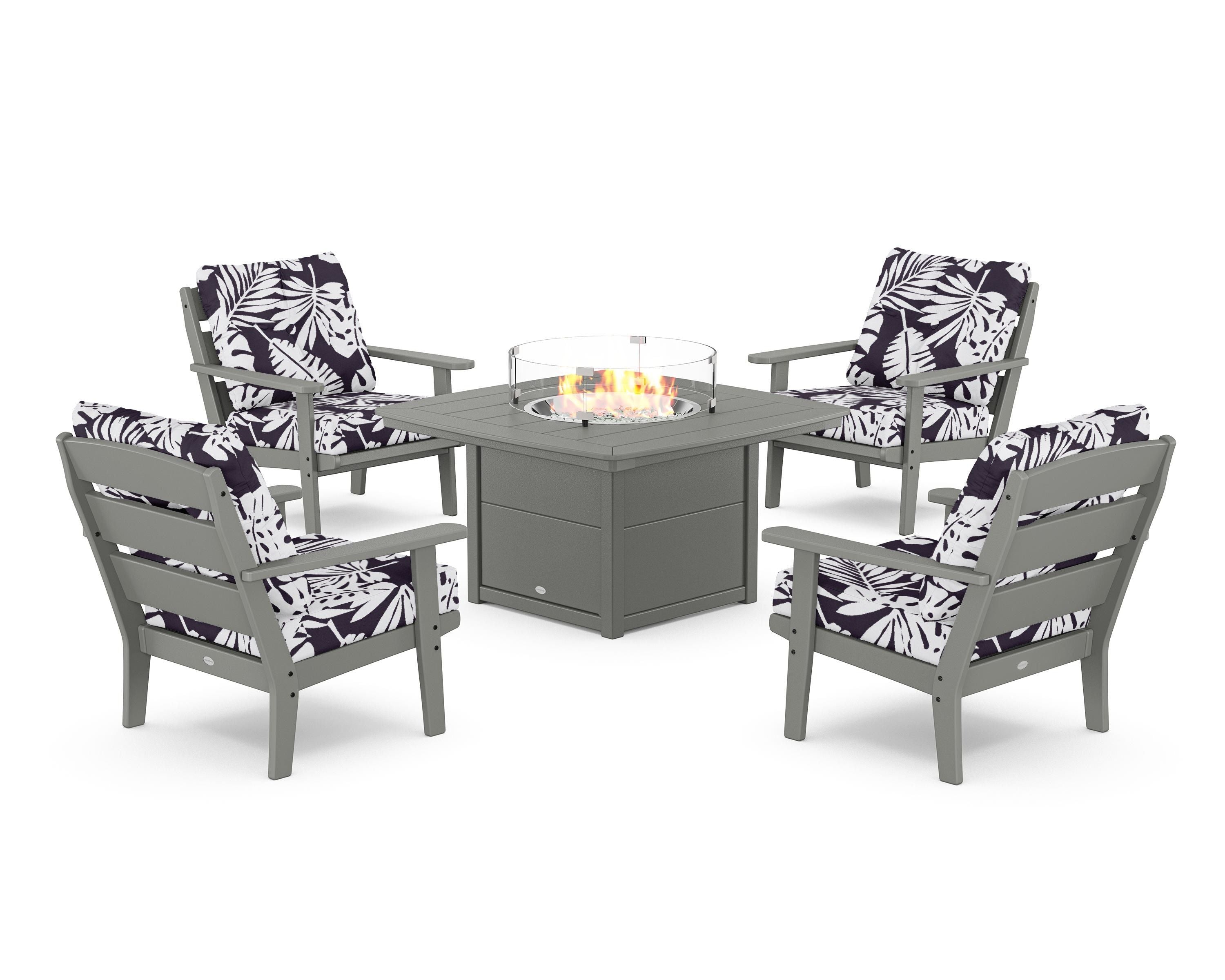 POLYWOOD® Lakeside 5-Piece Deep Seating Set with Nautical Fire Pit Table in Slate Grey / Leaf Navy