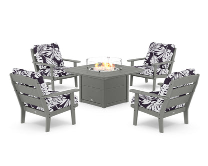 POLYWOOD® Lakeside 5-Piece Deep Seating Set with Nautical Fire Pit Table in Slate Grey / Leaf Navy