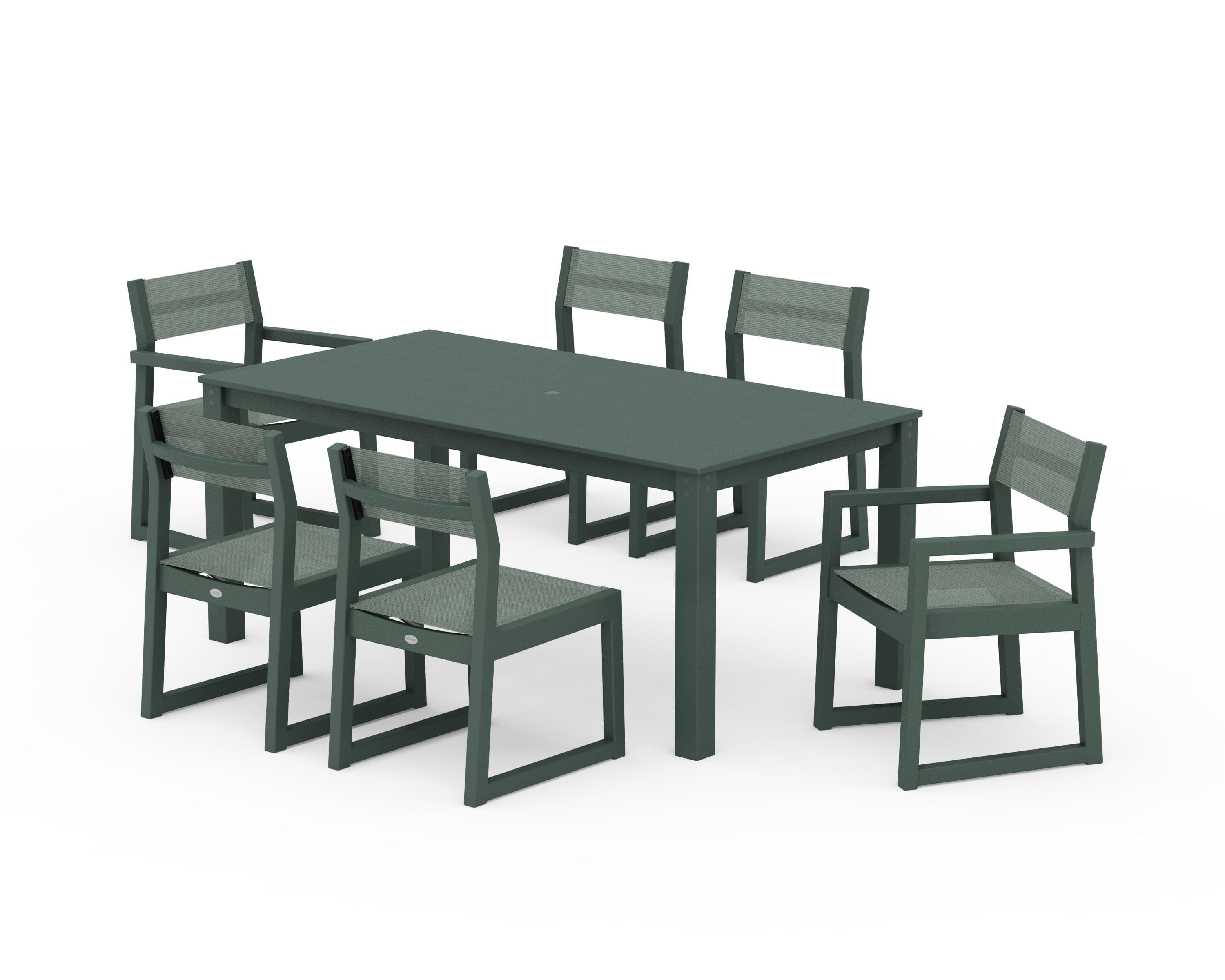POLYWOOD® EDGE Sling 7-Piece Parsons Dining Set in Green / Dupioni Sea Mist Sling