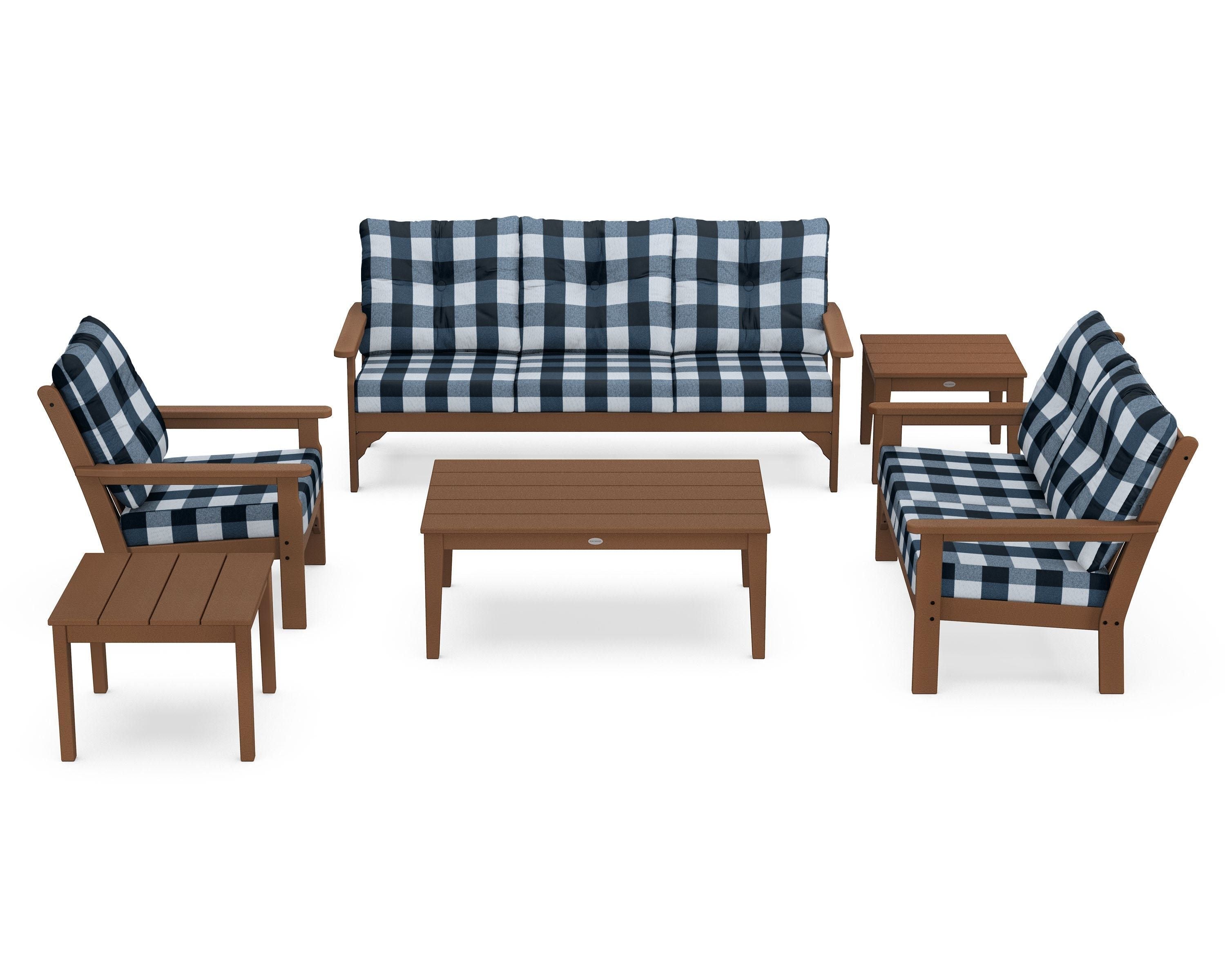 POLYWOOD® Vineyard 6-Piece Deep Seating Set in Teak / Buffalo Plaid Marine Indigo
