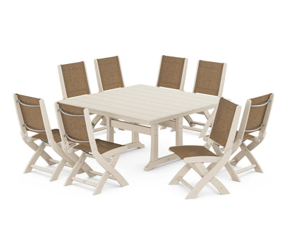 POLYWOOD® Coastal Folding Side Chair 9-Piece Farmhouse Dining Set in Sand / Burlap Sling