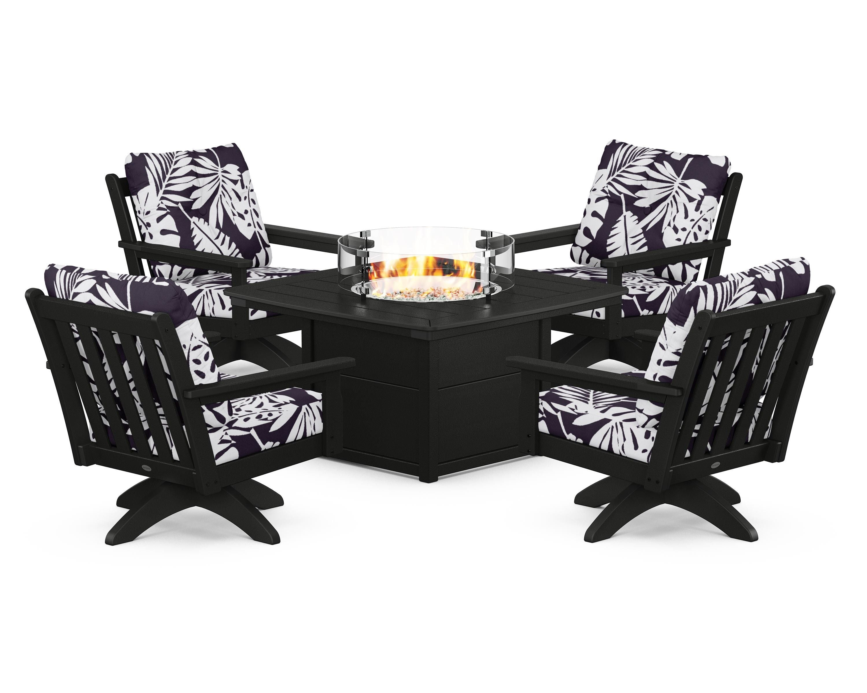 POLYWOOD® Vineyard 5-Piece Deep Seating Swivel Conversation Set with Fire Pit Table in Black / Leaf Navy