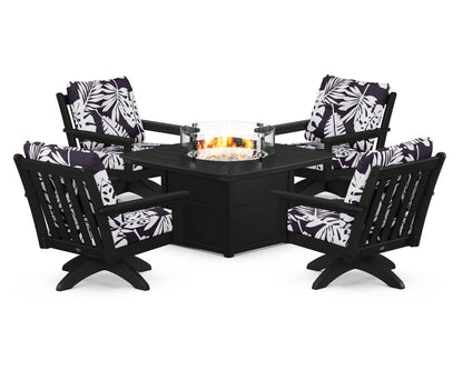 POLYWOOD® Vineyard 5-Piece Deep Seating Swivel Conversation Set with Fire Pit Table in Black / Leaf Navy