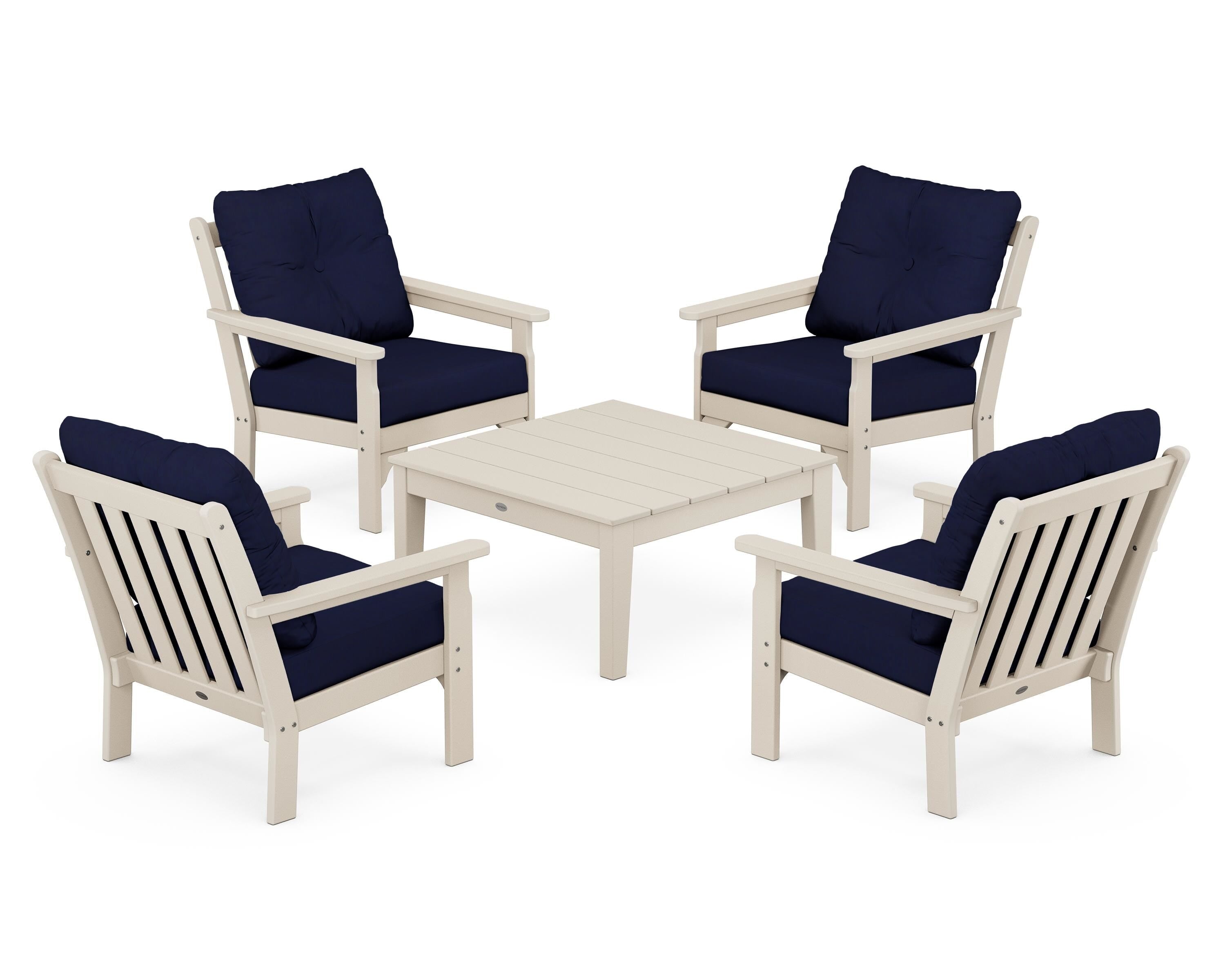 POLYWOOD® Vineyard 5-Piece Deep Seating Conversation Set in Sand / Navy