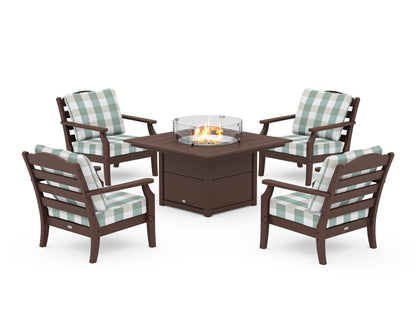 Draper James™ by  POLYWOOD® Savannah 5-Piece Deep Seating Set with Fire Pit Table in Mahogany / Buffalo Plaid Glacier Spa