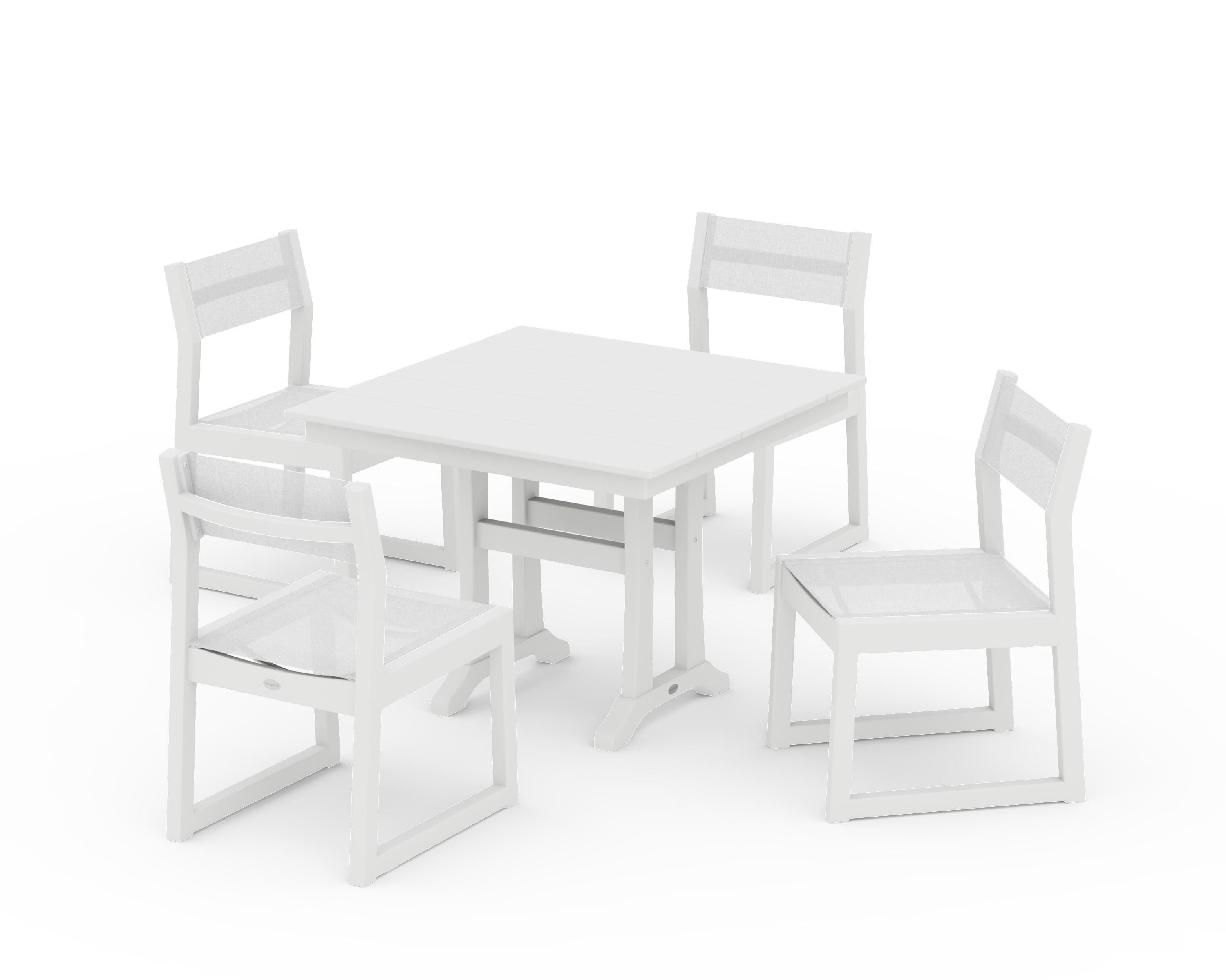 POLYWOOD® EDGE Sling 5-Piece Farmhouse Trestle Side Chair Dining Set in White / White Sling