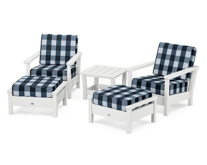 POLYWOOD® Harbour 5-Piece Deep Seating Chair Set in White / Buffalo Plaid Marine Indigo