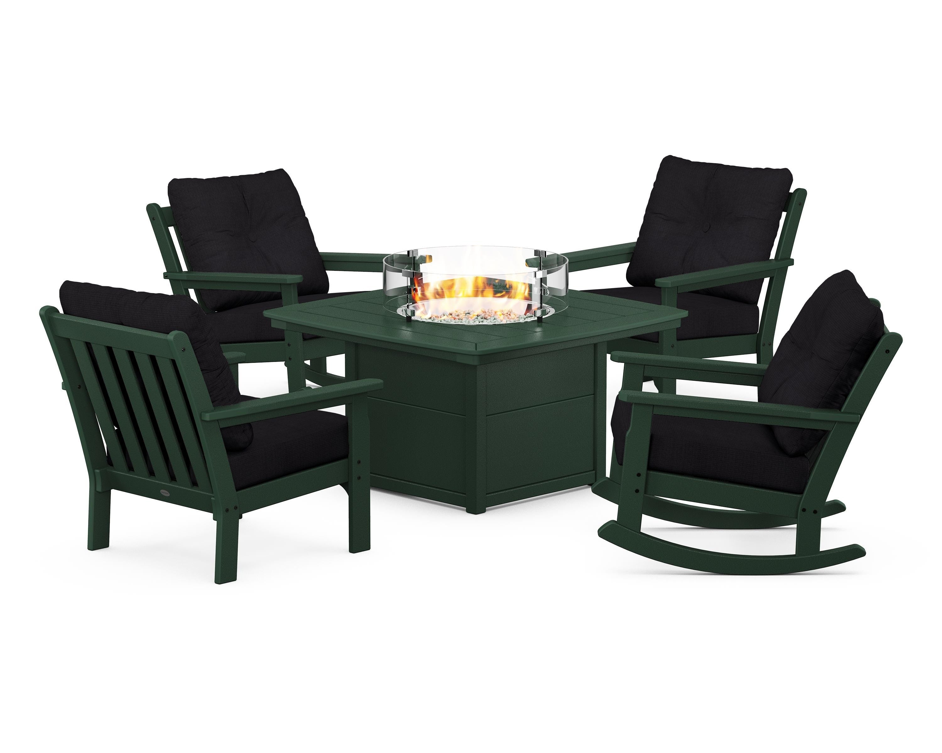 POLYWOOD® Vineyard 5-Piece Deep Seating Rocking Chair Conversation Set with Fire Pit Table in Green / Midnight Linen