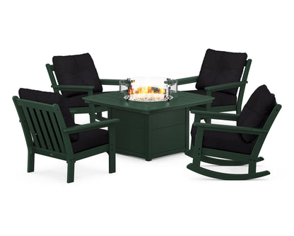 POLYWOOD® Vineyard 5-Piece Deep Seating Rocking Chair Conversation Set with Fire Pit Table in Green / Midnight Linen