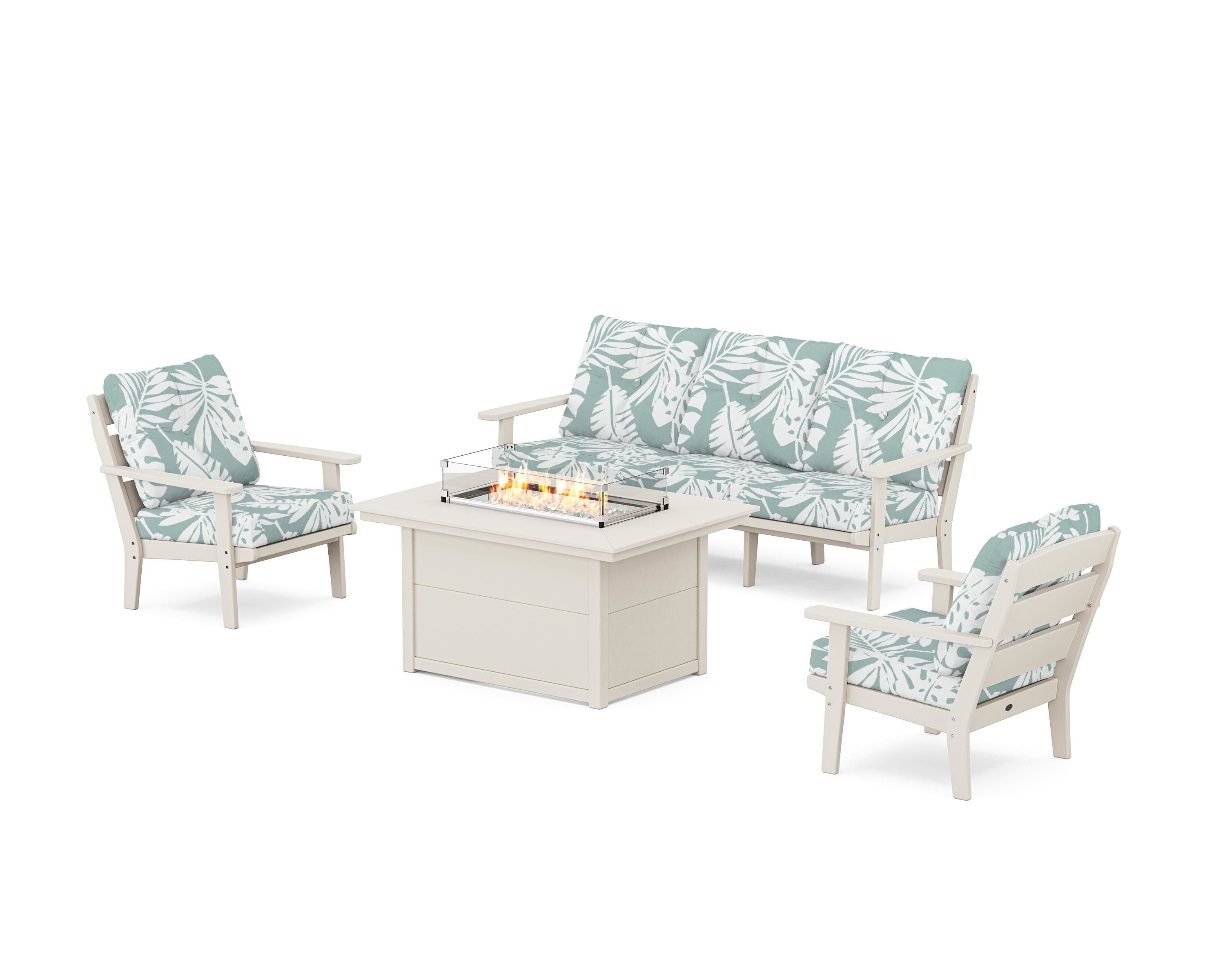 POLYWOOD® Lakeside Deep Seating Fire Pit Table Set in Sand / Leaf Glacier Spa