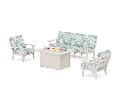 POLYWOOD® Lakeside Deep Seating Fire Pit Table Set in Sand / Leaf Glacier Spa