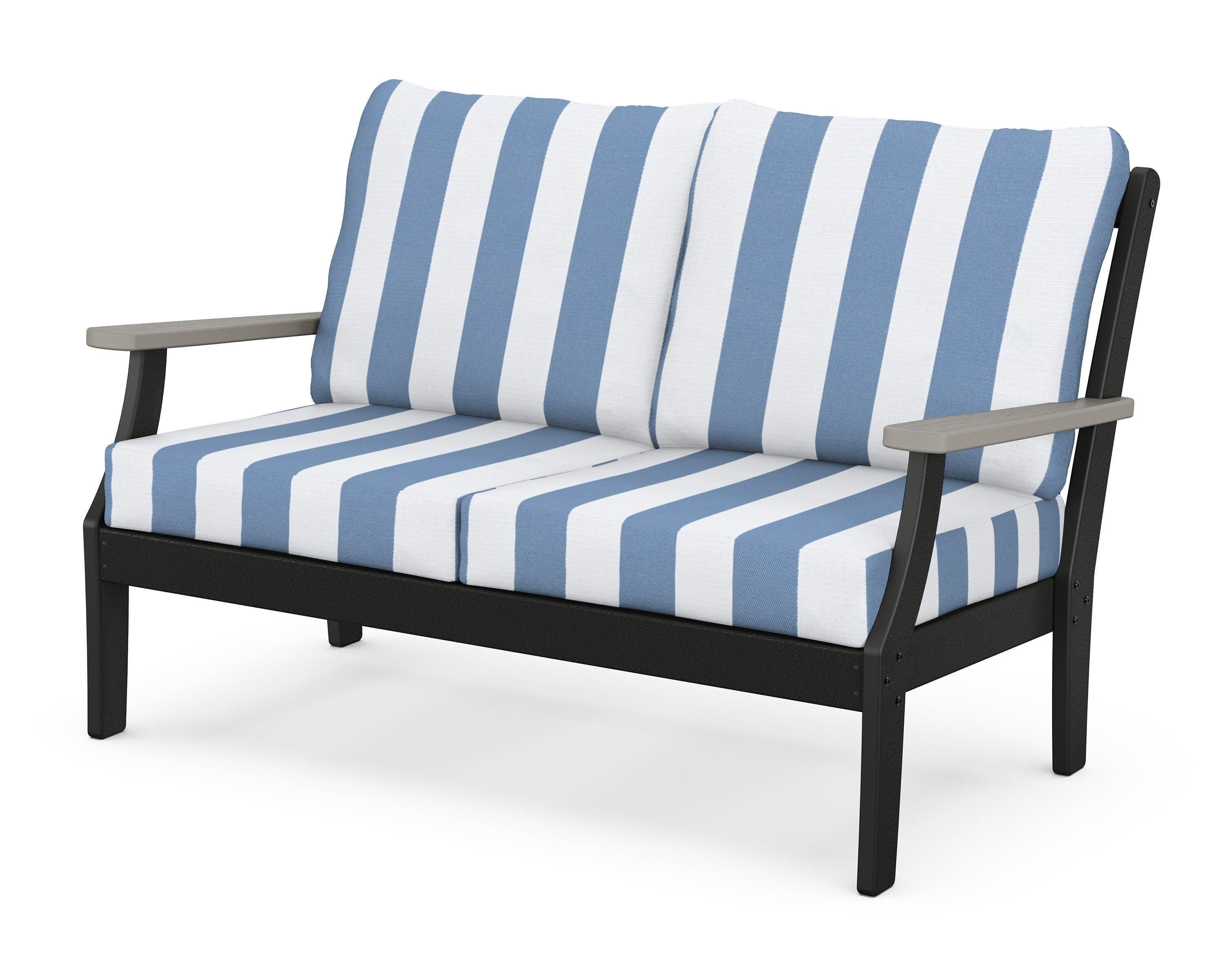 POLYWOOD® Braxton Deep Seating Loveseat in Black / Driftwood / Cabana Stripe Sky Blue