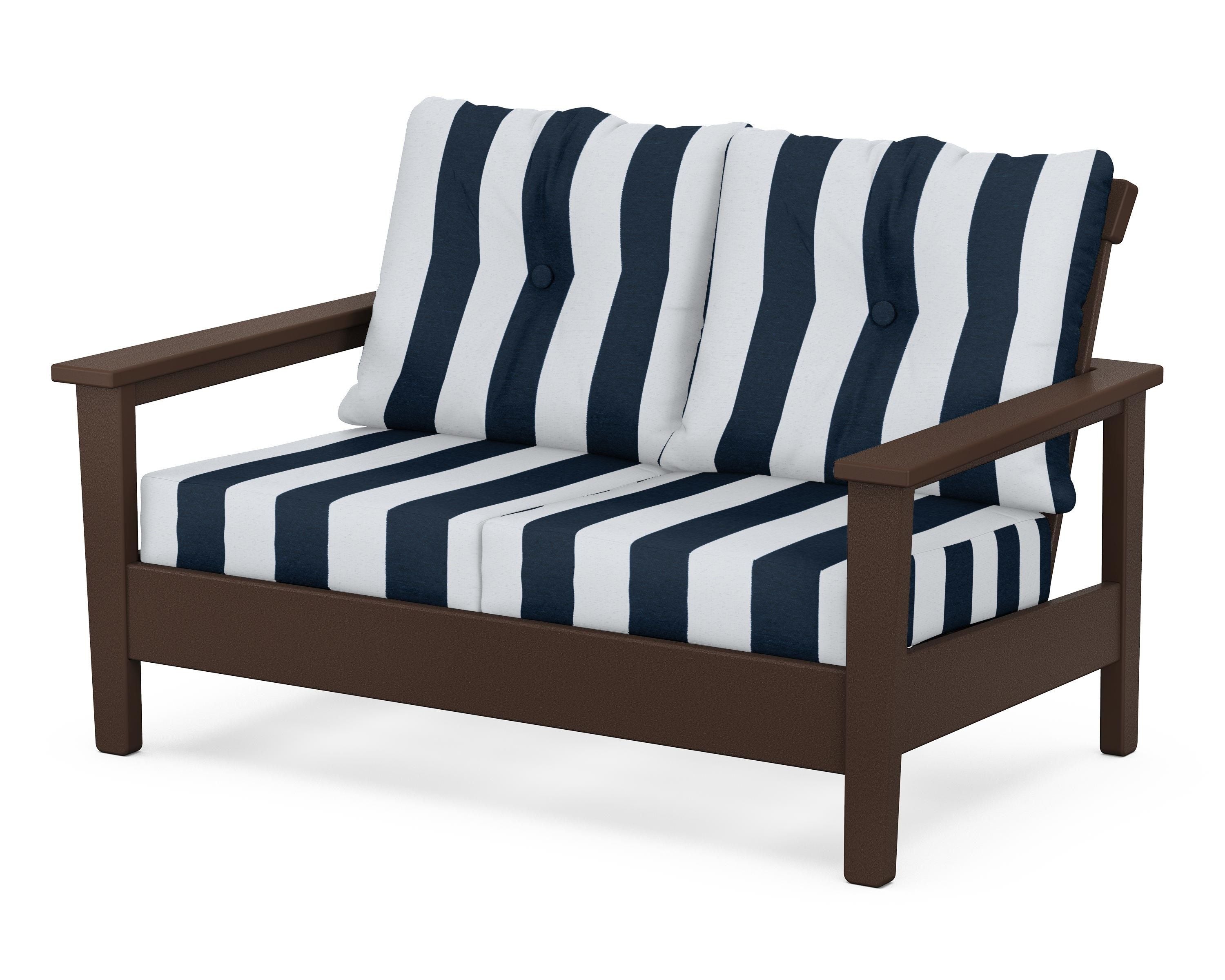 POLYWOOD® Prescott Deep Seating Loveseat in Mahogany / Cabana Stripe Marine Indigo