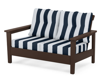 POLYWOOD® Prescott Deep Seating Loveseat in Mahogany / Cabana Stripe Marine Indigo