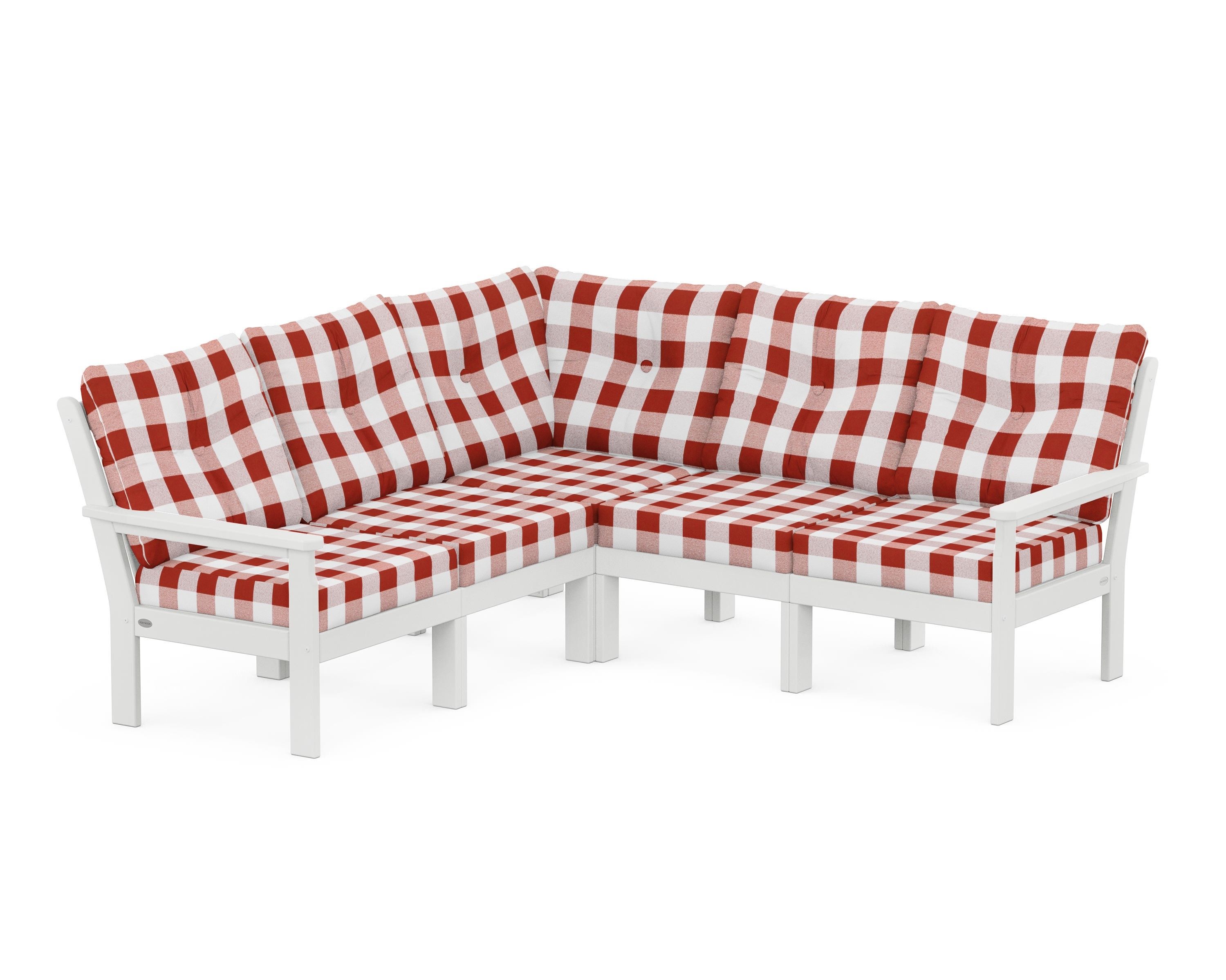 POLYWOOD® Vineyard 5-Piece Sectional in White / Buffalo Plaid Crimson