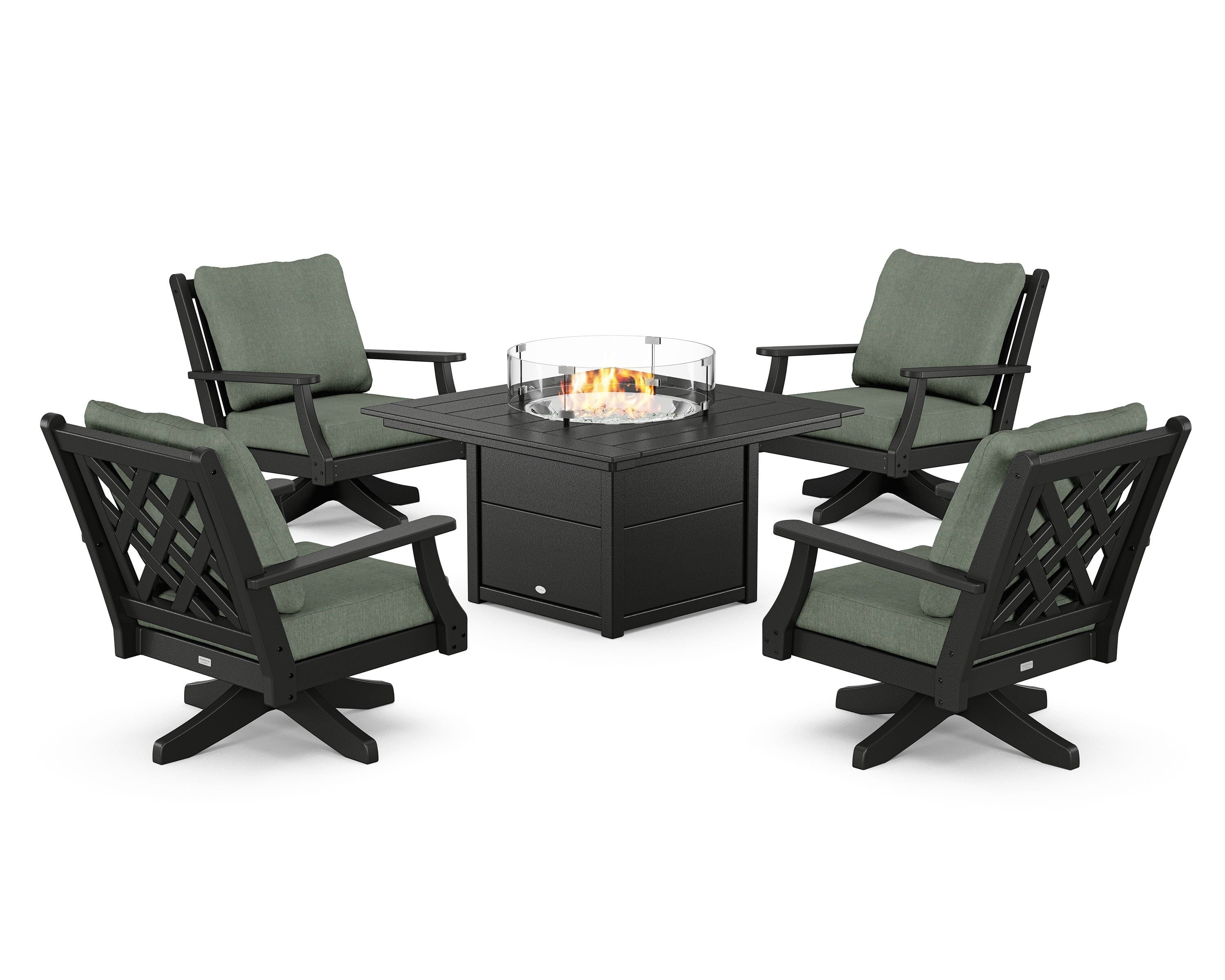 Country Living Wovendale 5-Piece Deep Seating Swivel Conversation Set with Fire Pit Table in Black / Cast Sage