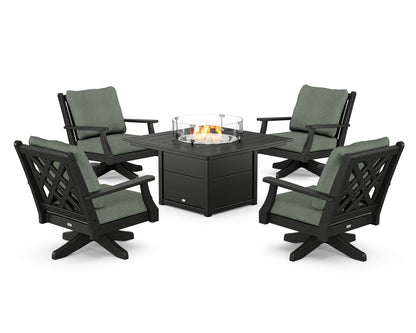 Country Living Wovendale 5-Piece Deep Seating Swivel Conversation Set with Fire Pit Table in Black / Cast Sage