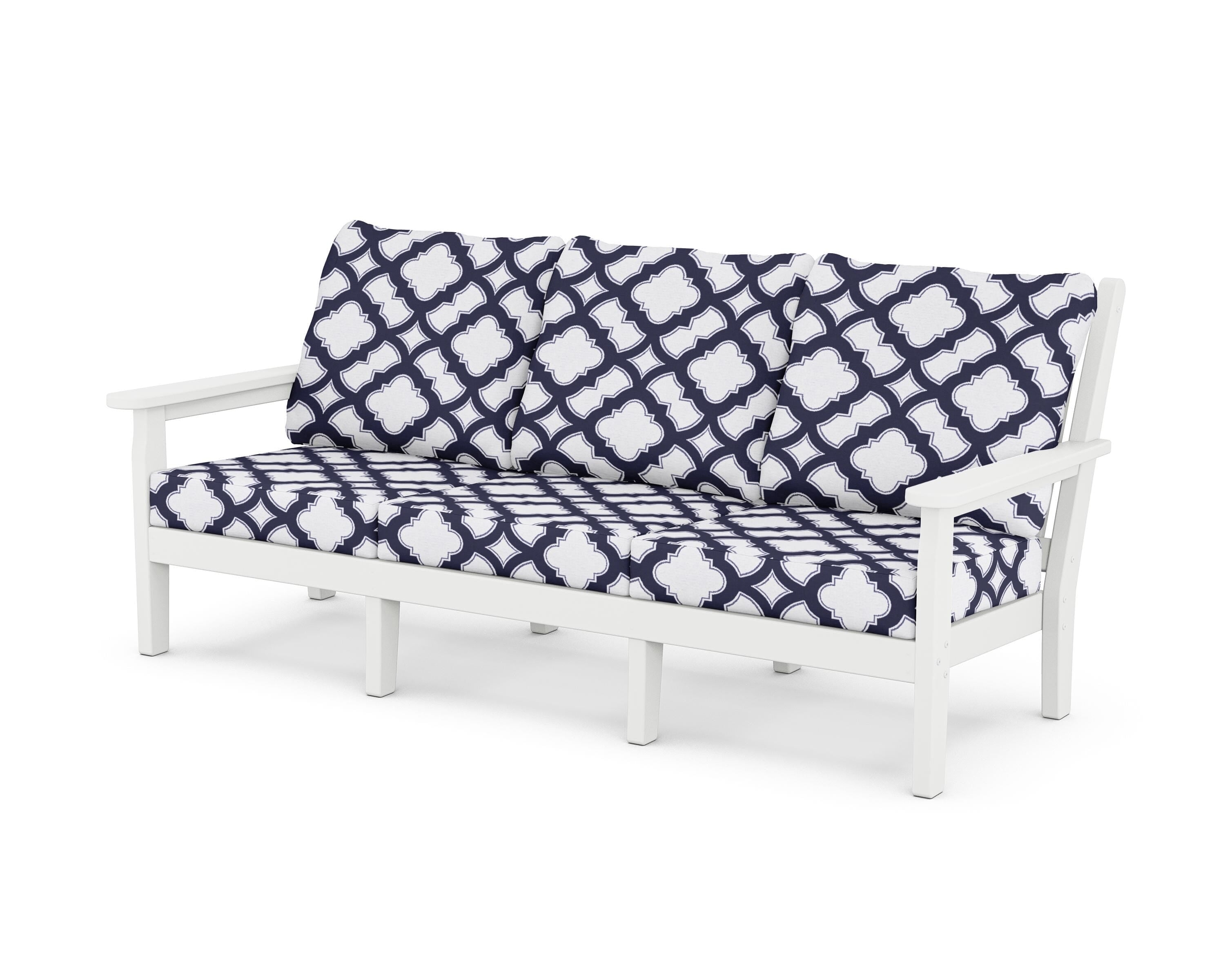 POLYWOOD® Chippendale Deep Seating Sofa in White / Trellis Navy