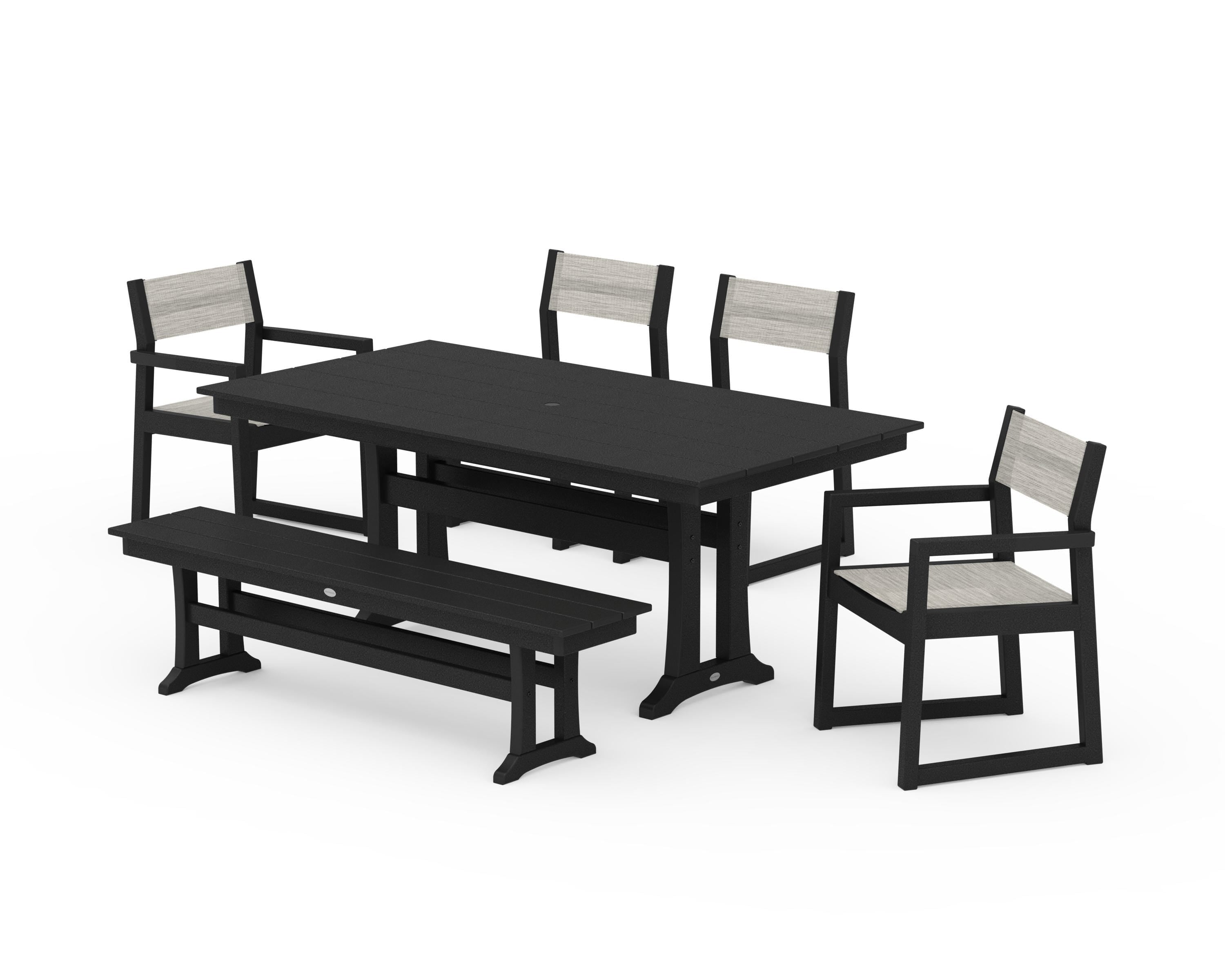 POLYWOOD® EDGE Sling 6-Piece Farmhouse Dining Set With Trestle Legs in Black / Birch Sling