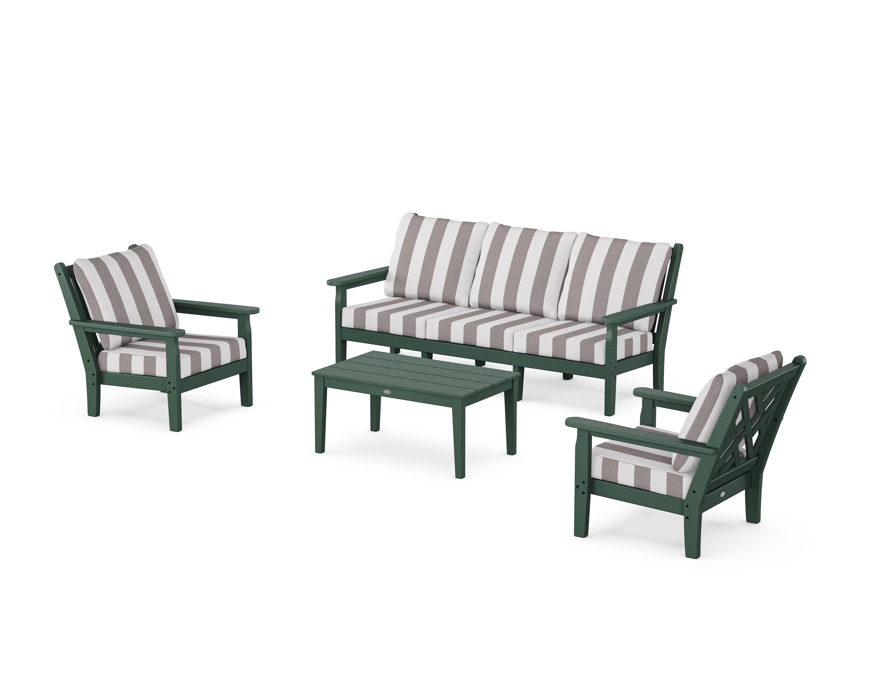 POLYWOOD® Chippendale 4-Piece Deep Seating Set with Sofa in Green / Cabana Stripe Grey Mist
