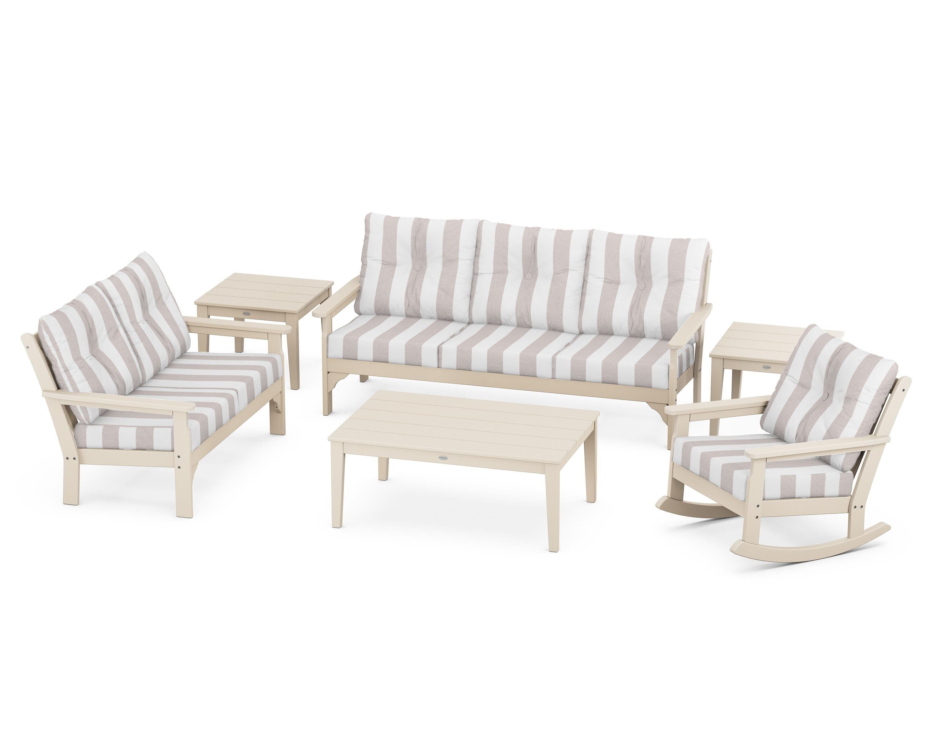 POLYWOOD® Vineyard 6-Piece Deep Seating Set in Sand / Cabana Stripe Dune Burlap