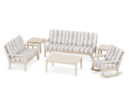 POLYWOOD® Vineyard 6-Piece Deep Seating Set in Sand / Cabana Stripe Dune Burlap