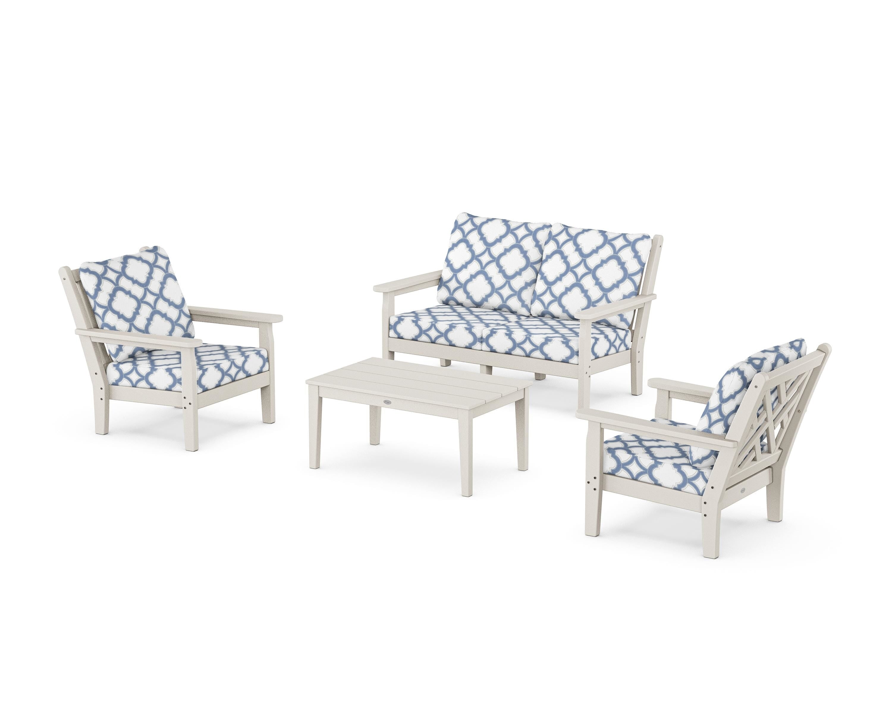 POLYWOOD® Chippendale 4-Piece Deep Seating Set with Loveseat in Sand / Trellis Sky Blue