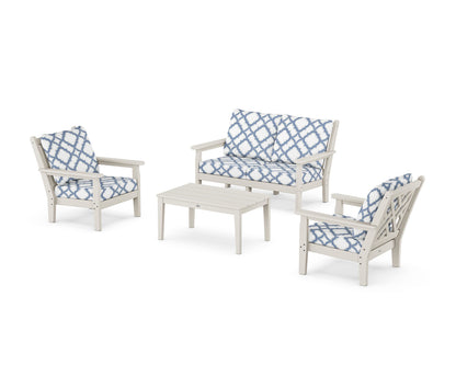 POLYWOOD® Chippendale 4-Piece Deep Seating Set with Loveseat in Sand / Trellis Sky Blue