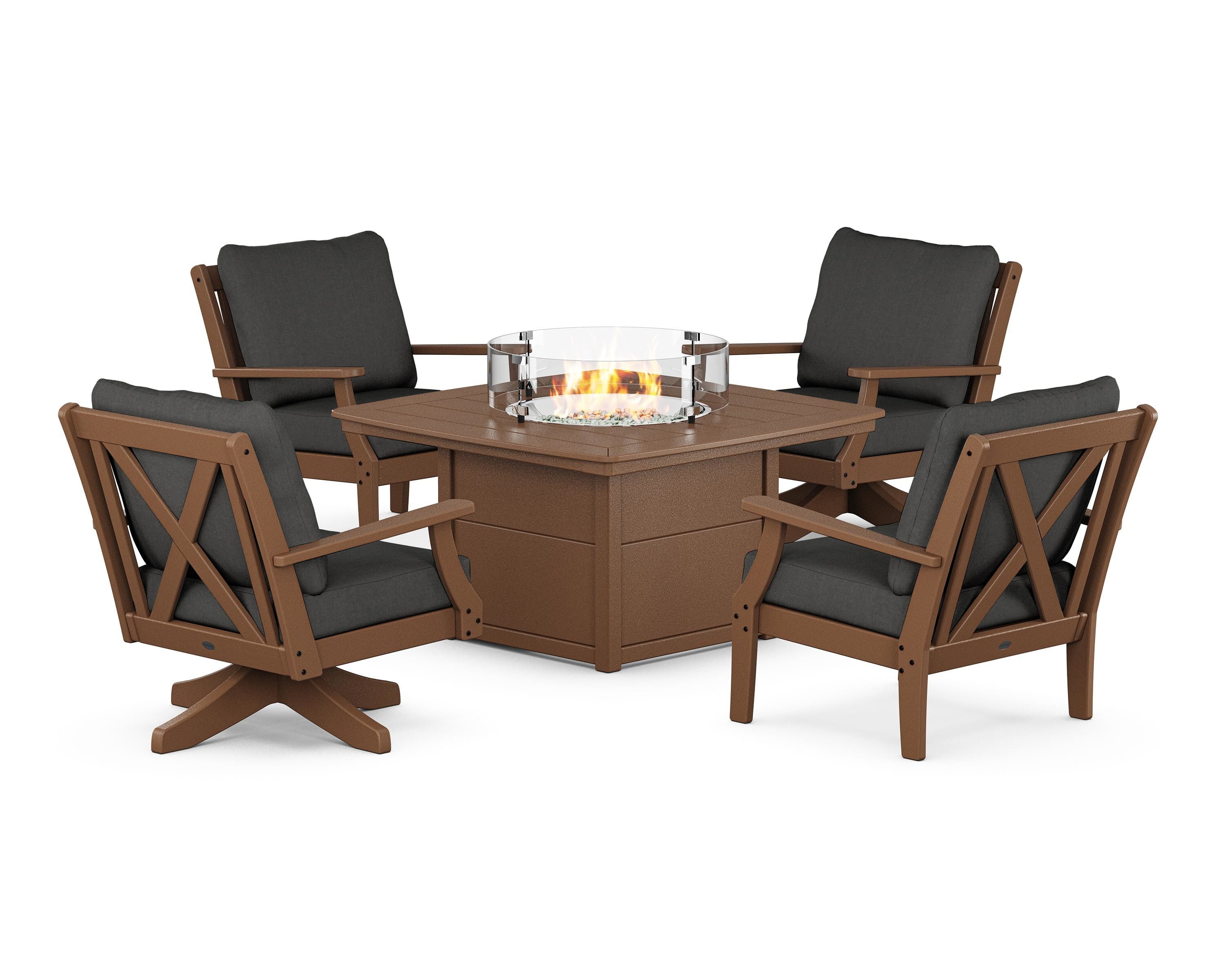 POLYWOOD® Braxton 5-Piece Deep Seating Set with Fire Table in Teak / Spectrum Carbon