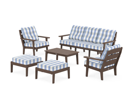 POLYWOOD® Lakeside 6-Piece Lounge Sofa Set in Mahogany / Buffalo Plaid Sky Blue