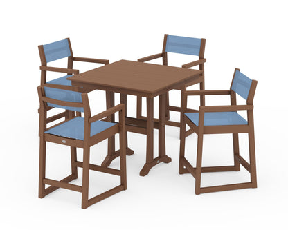 POLYWOOD® EDGE Sling Arm Chair 5-Piece Farmhouse Counter Set with Trestle Legs in Teak / Poolside Sling