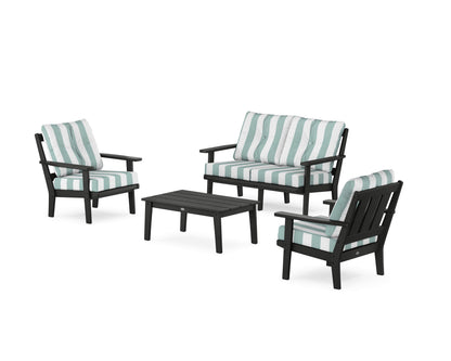 POLYWOOD® Oxford 4-Piece Deep Seating Set with Loveseat in Black / Cabana Stripe Glacier Spa