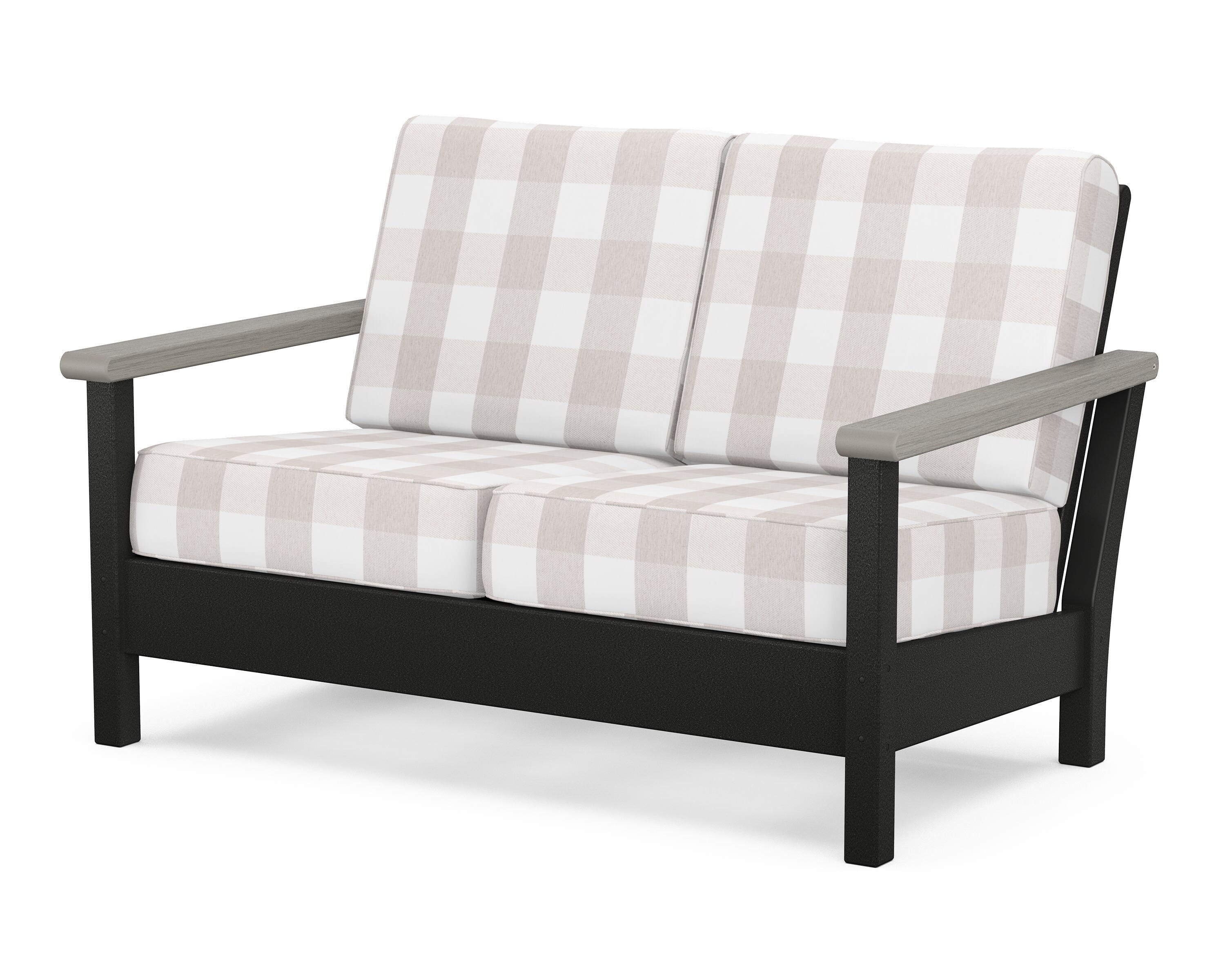 POLYWOOD® Harbour Deep Seating Loveseat in Black / Driftwood / Buffalo Plaid Dune Burlap