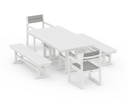 POLYWOOD® EDGE Sling Arm Chair 5-Piece Farmhouse Dining Set with Benches in White / Metallic Sling