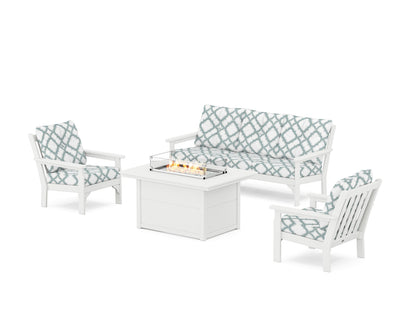 POLYWOOD® Vineyard Deep Seating Fire Pit Table Set in White / Trellis Glacier Spa