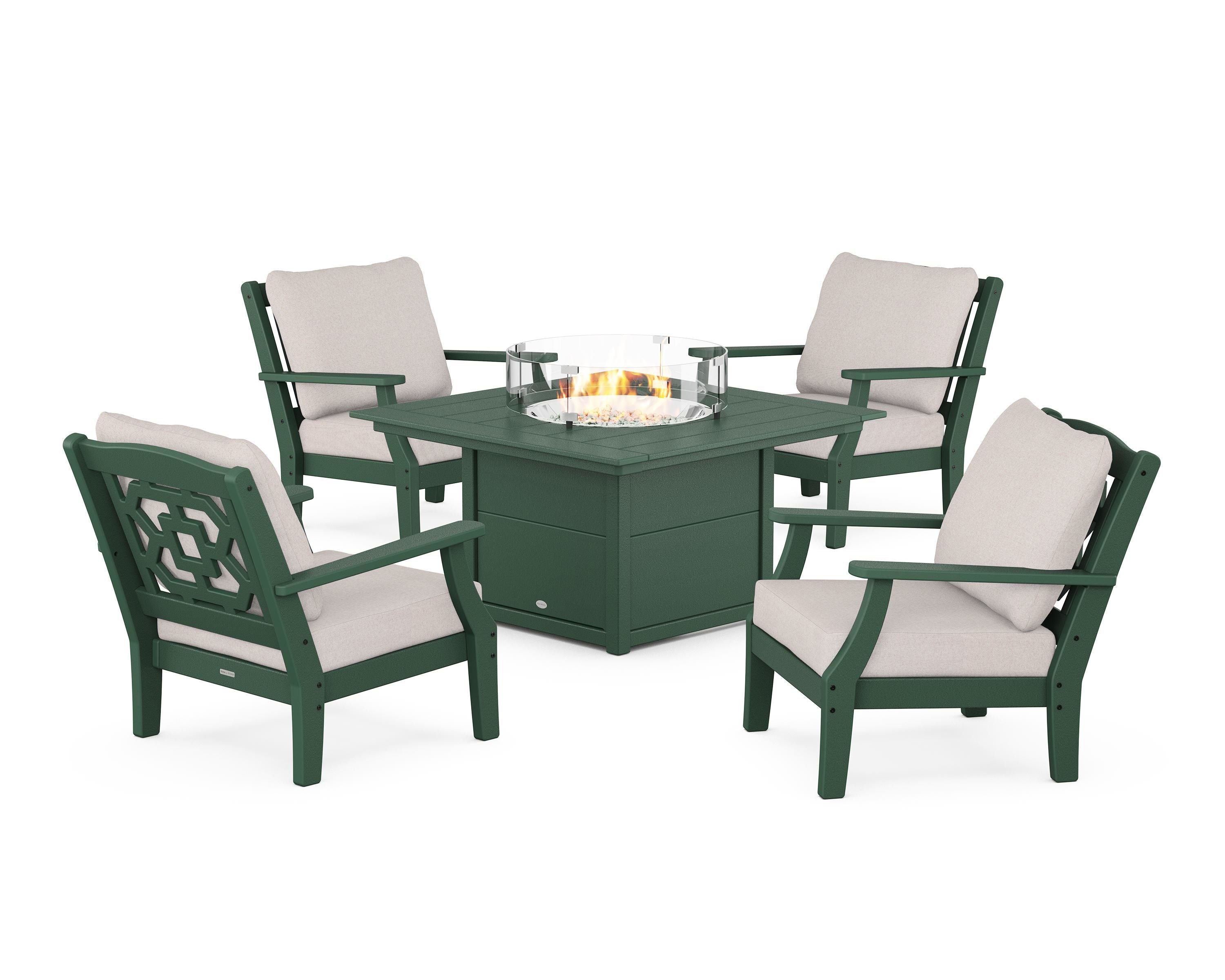 Martha Stewart by POLYWOOD® Chinoiserie 5-Piece Deep Seating Set with Fire Pit Table in Green / Dune Burlap