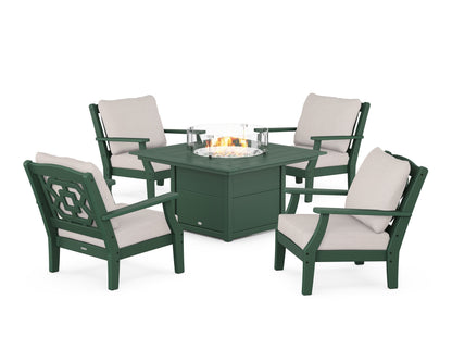 Martha Stewart by POLYWOOD® Chinoiserie 5-Piece Deep Seating Set with Fire Pit Table in Green / Dune Burlap
