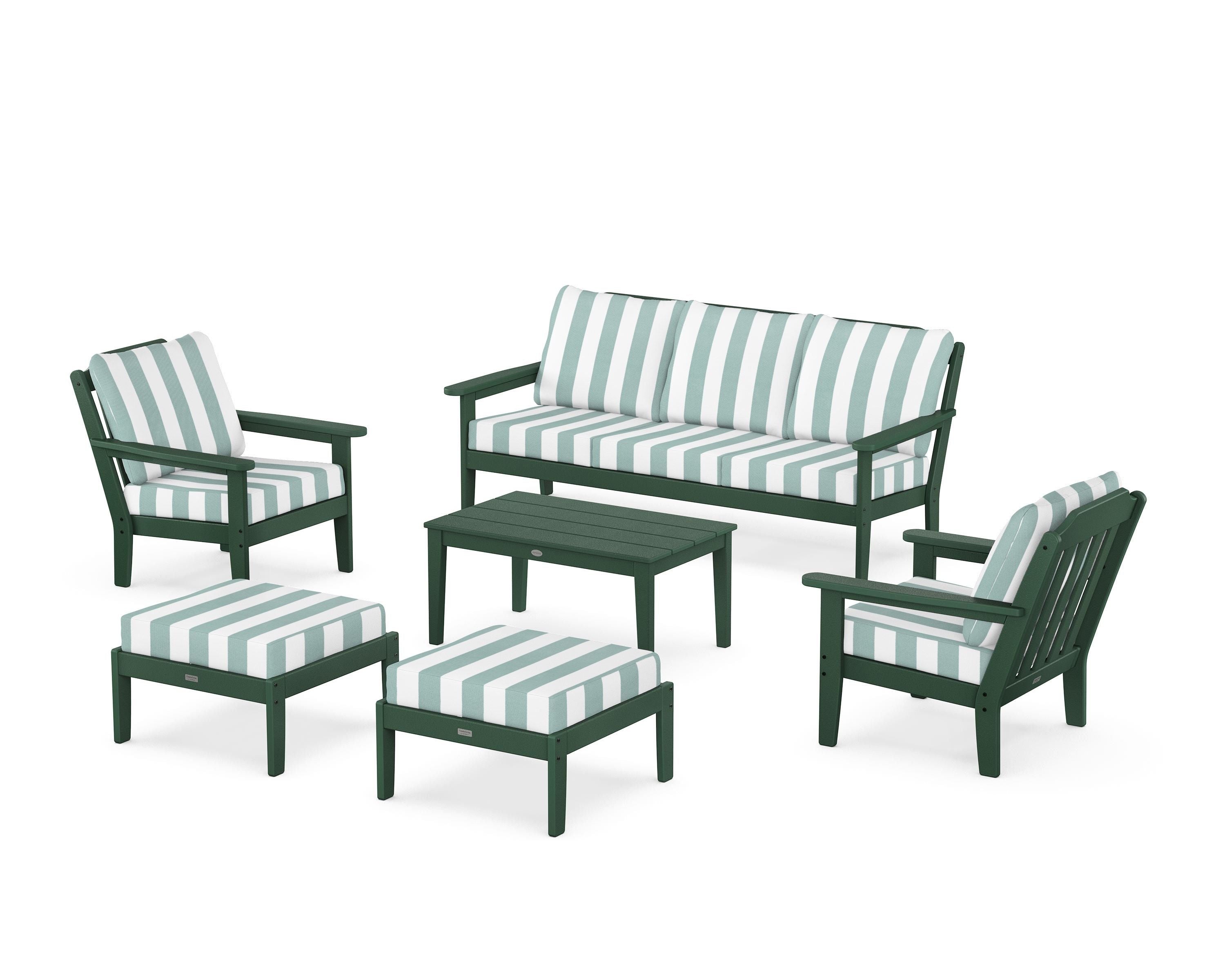 Country Living Cottage 6-Piece Lounge Sofa Set in Green / Cabana Stripe Glacier Spa