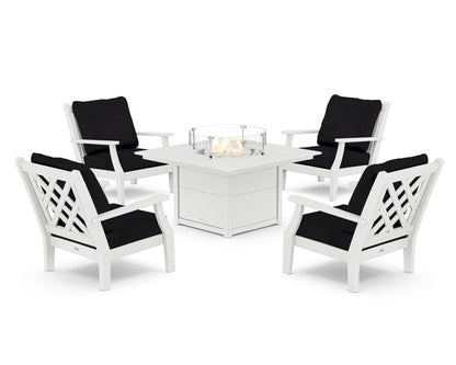 Country Living Wovendale 5-Piece Deep Seating Set with Fire Pit Table in White / Midnight Linen