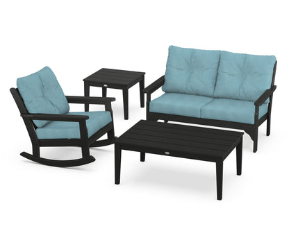 POLYWOOD® Vineyard 4-Piece Deep Seating Rocker Set in Black / Lattice Sky Blue