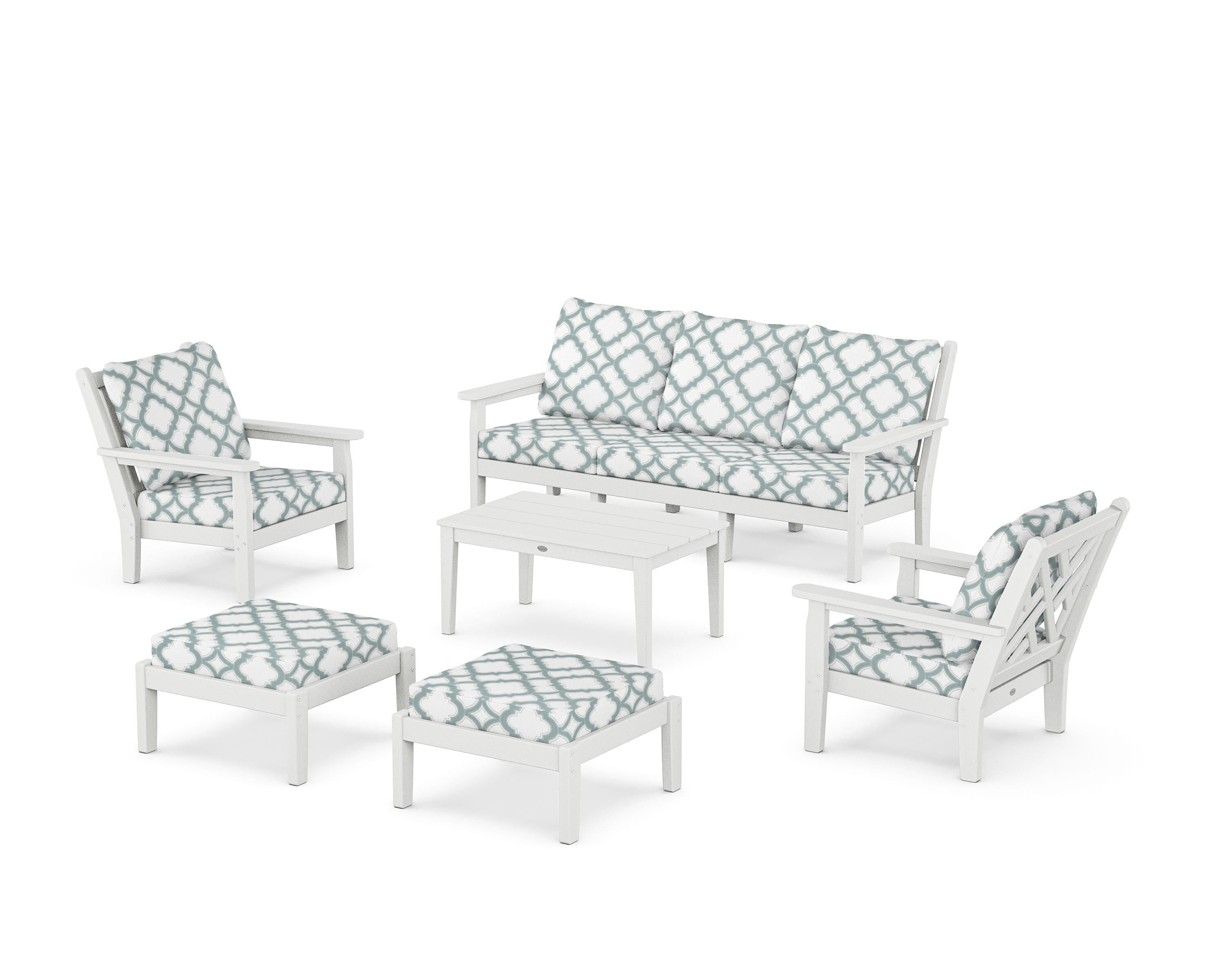 POLYWOOD® Chippendale 6-Piece Lounge Sofa Set in White / Trellis Glacier Spa