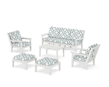 POLYWOOD® Chippendale 6-Piece Lounge Sofa Set in White / Trellis Glacier Spa