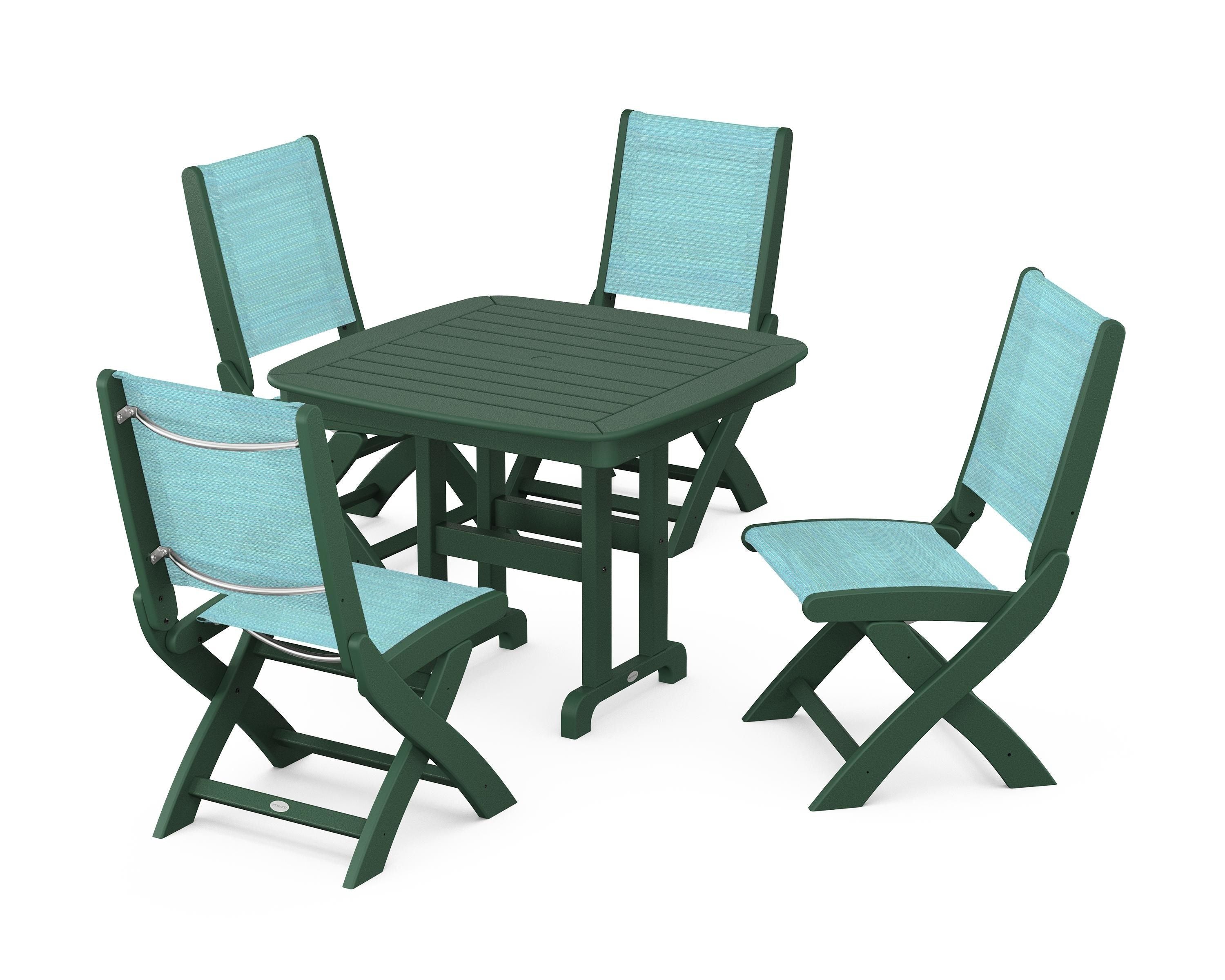 POLYWOOD® Coastal Folding Side Chair 5-Piece Dining Set in Green / Dupioni Aquamarine Sling