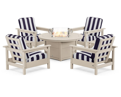 POLYWOOD® Club 5-Piece Conversation Set with Fire Pit Table in Sand / Cabana Stripe Navy
