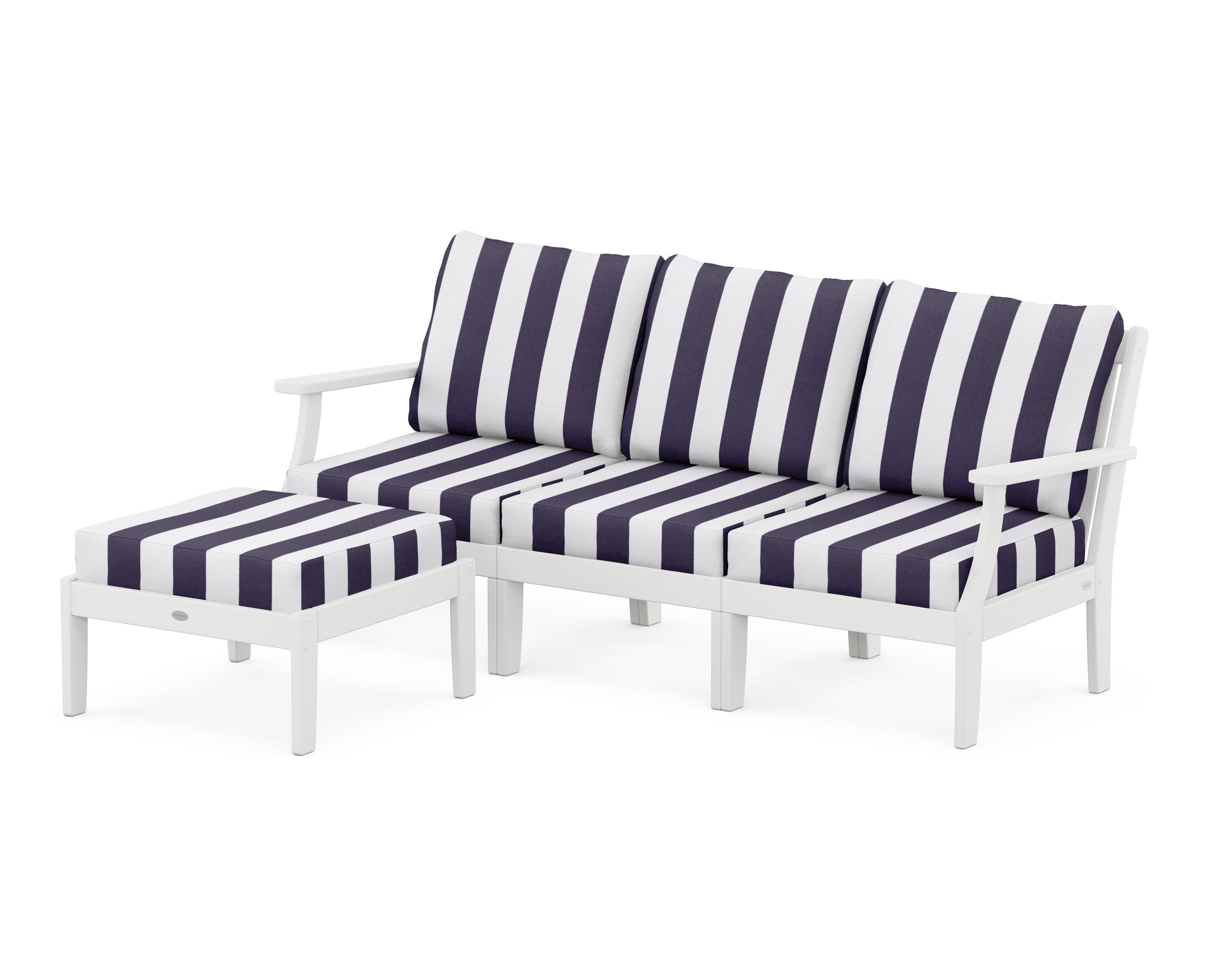 POLYWOOD® Braxton Modular 4-Piece Deep Seating Set with Ottoman in White / Cabana Stripe Navy