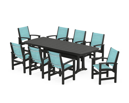 POLYWOOD® Coastal 9-Piece Dining Set with Trestle Legs in Black / Dupioni Aquamarine Sling