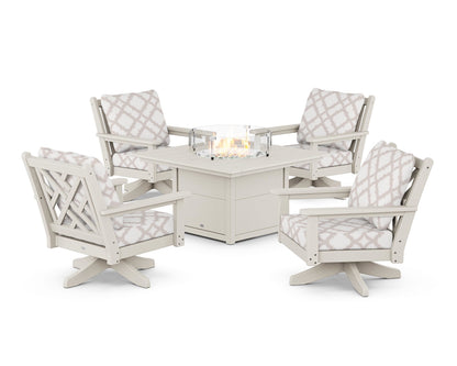 POLYWOOD® Chippendale 5-Piece Deep Seating Swivel Conversation Set with Fire Pit Table in Sand / Trellis Dune Burlap