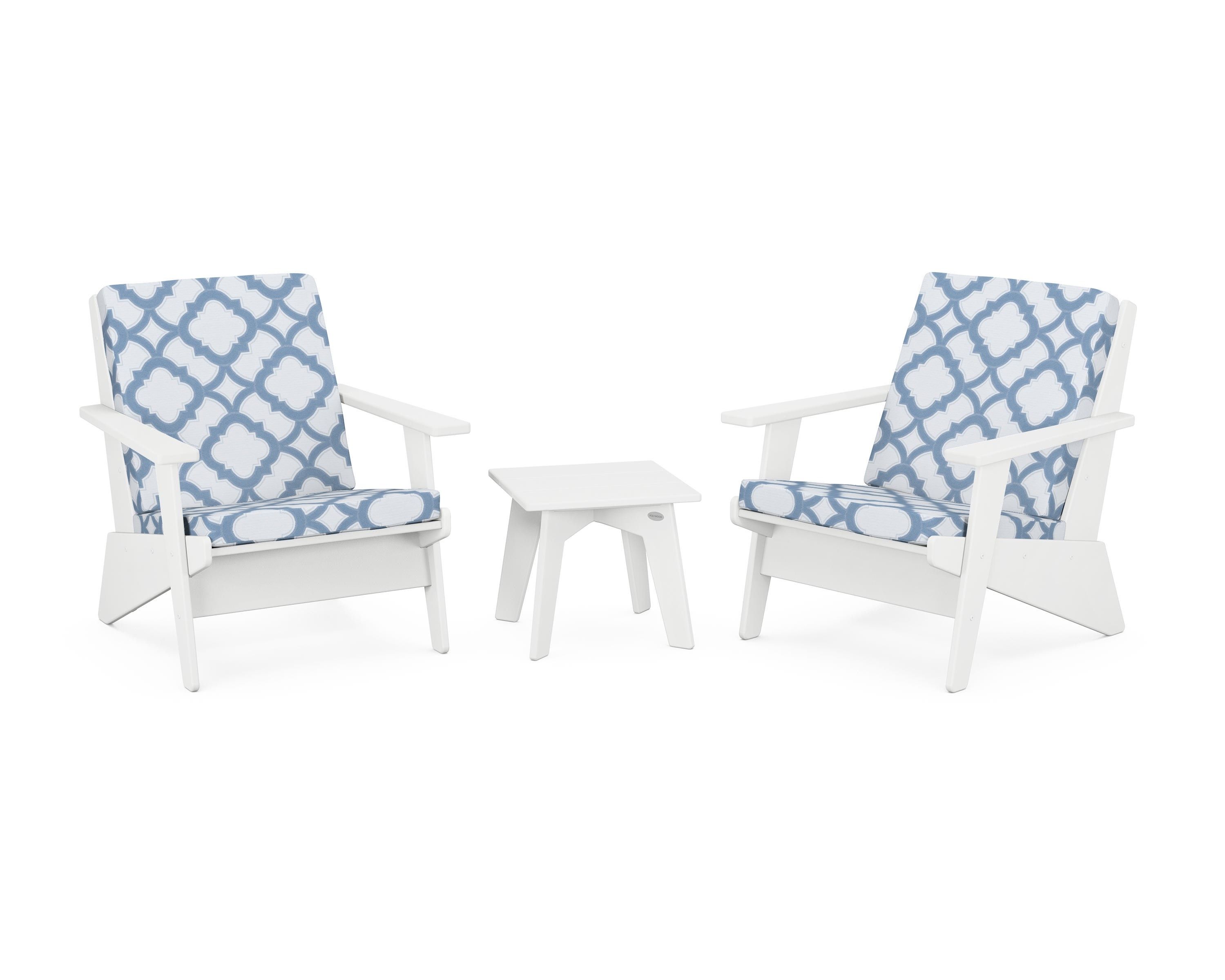 POLYWOOD® Riviera Modern Lounge 3-Piece Set in White / Trellis Sky Blue