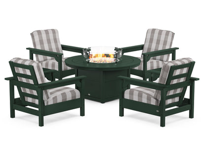 POLYWOOD® Club 5-Piece Conversation Set with Fire Pit Table in Green / Buffalo Plaid Grey Mist