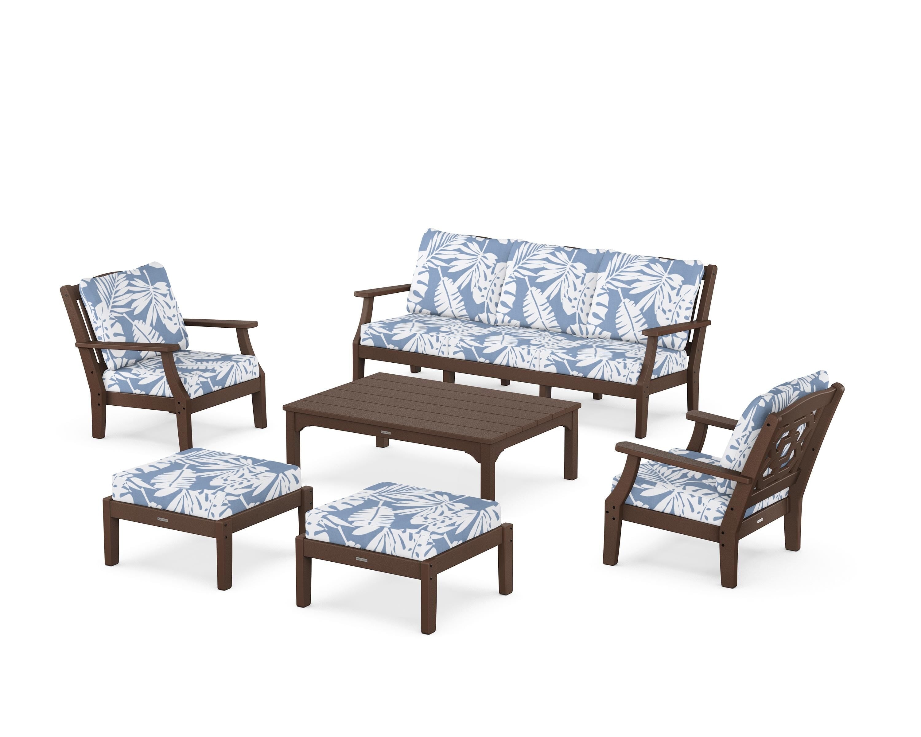 Martha Stewart by POLYWOOD® Chinoiserie 6-Piece Lounge Sofa Set in Mahogany / Leaf Sky Blue